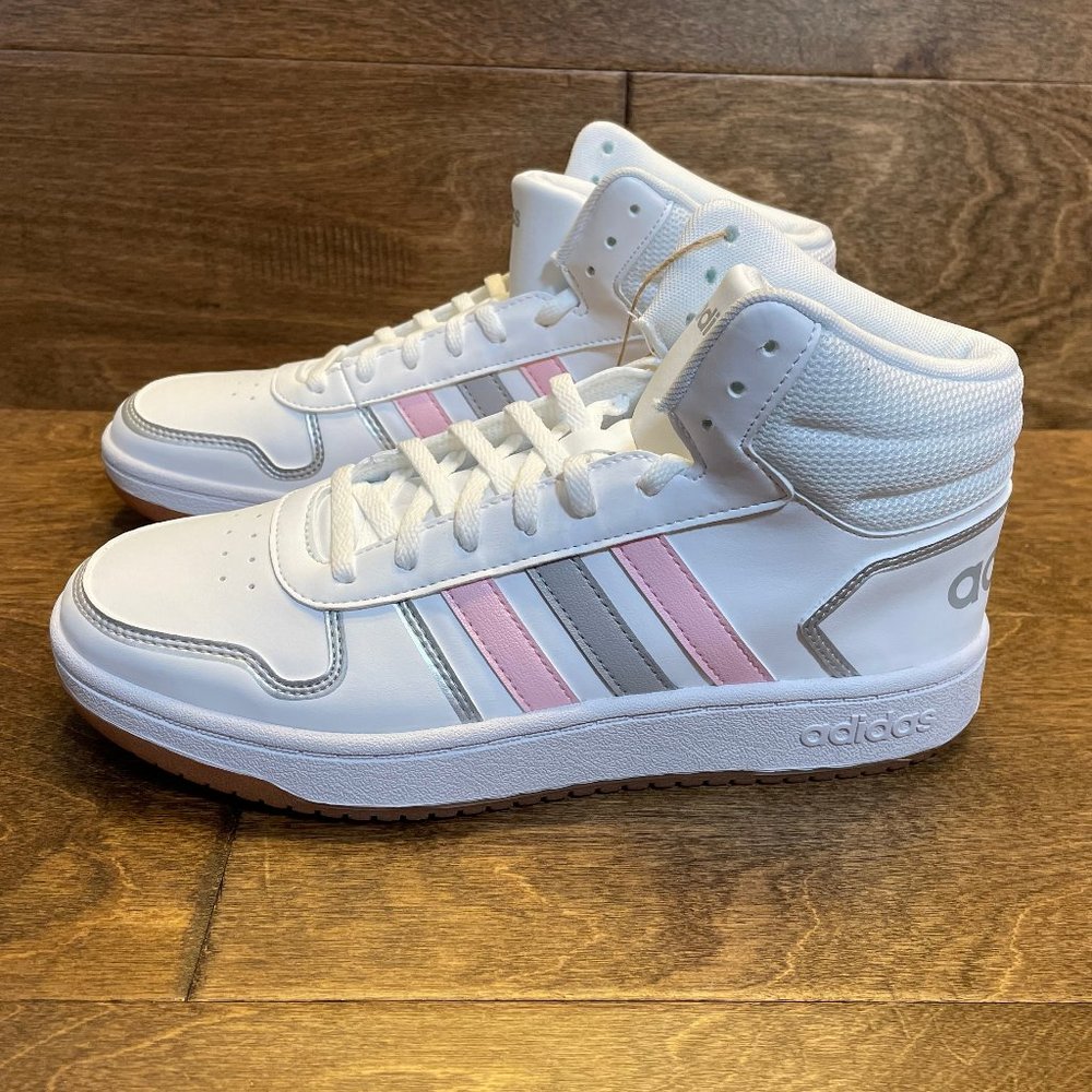 NEW Adidas Hoops 2.0 Mid Basketball Sneakers FY6020 White Pink Women's Size 8.5